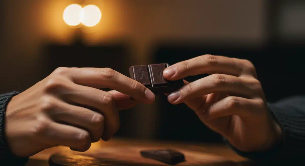 Hands holding dark chocolate, practicing mindful sensory engagement