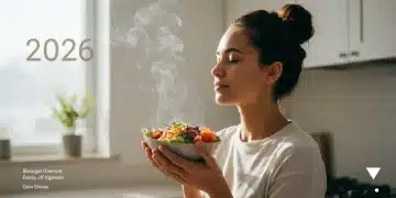 Person mindfully eating a healthy meal, promoting stress reduction in 2026
