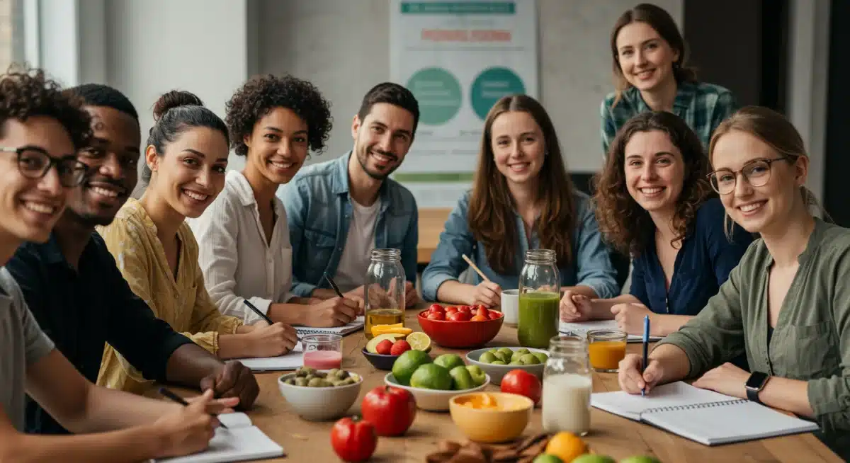 Group participating in a mindful eating workshop, sharing experiences