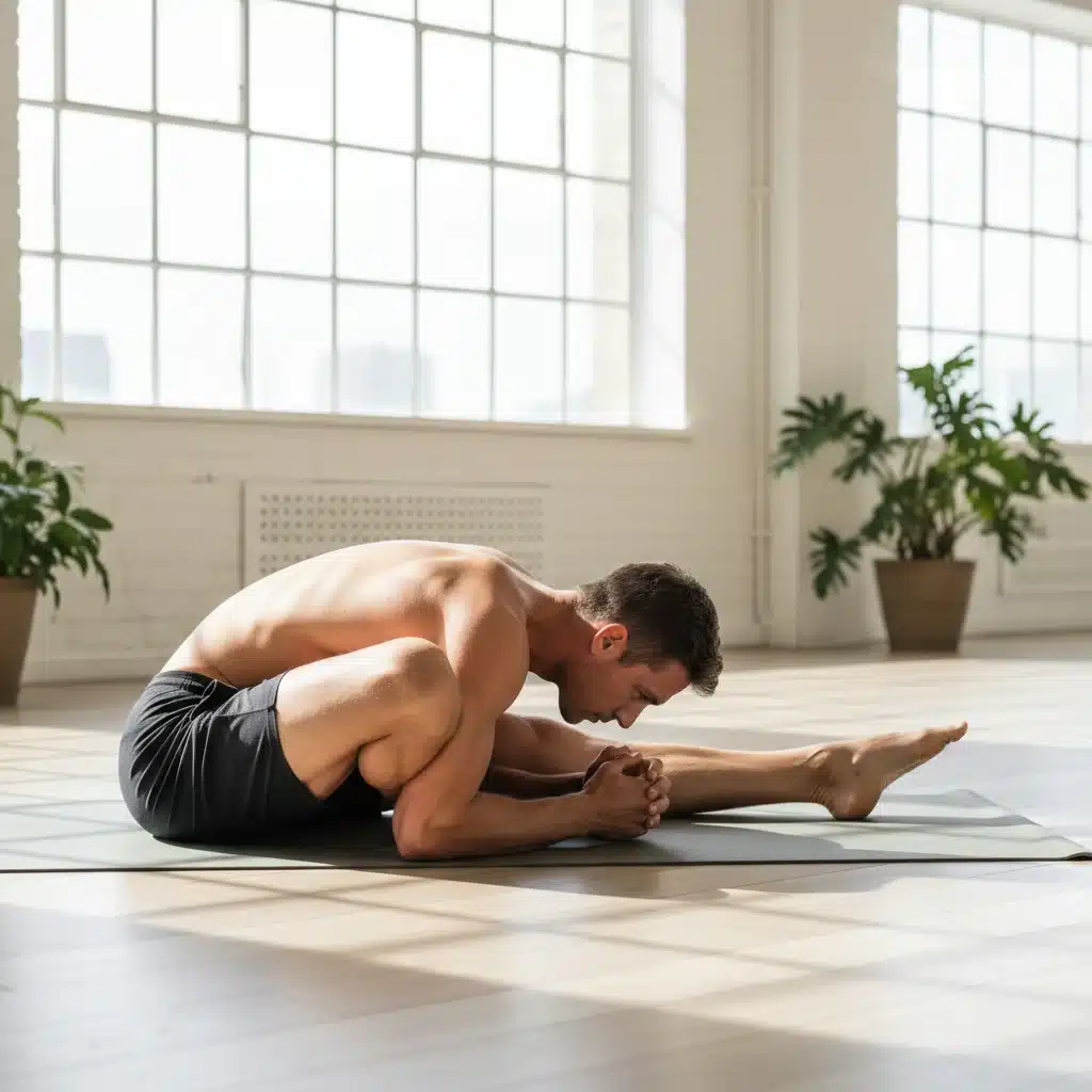 Man in advanced yoga hip opener demonstrating focus and flexibility