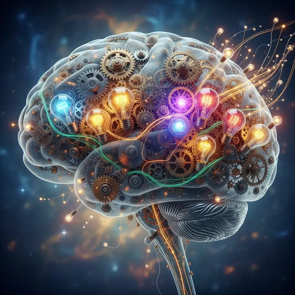 Brain with gears and lightbulbs, illustrating cognitive flexibility and the power of learning and adaptation.