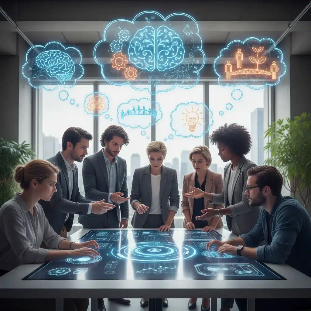 Diverse group collaborating on problem-solving, illustrating cognitive reframing and social connection.