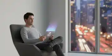 Person using a tablet for digital anxiety reduction in a peaceful setting.