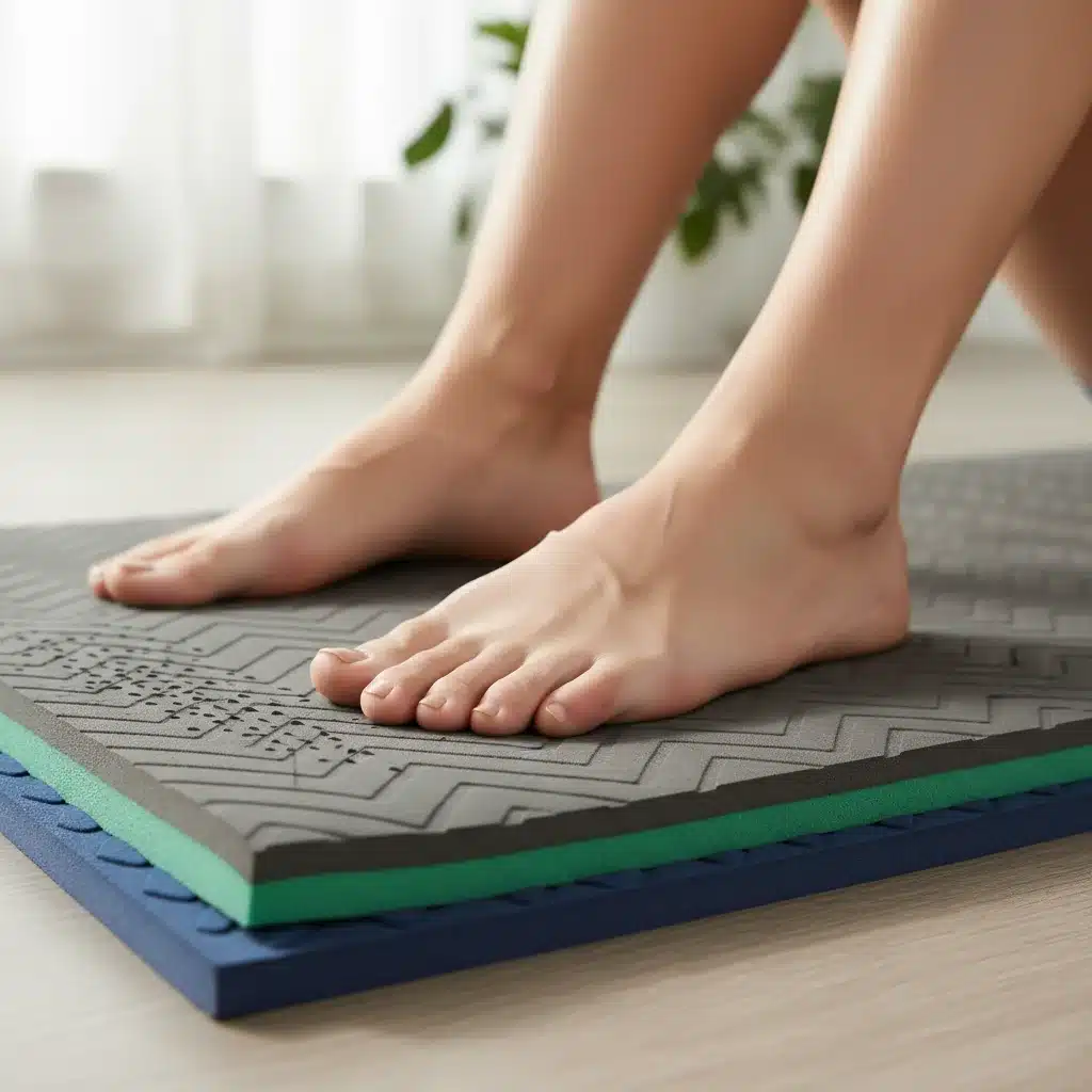 Close-up of ergonomic yoga mat texture with feet demonstrating grip