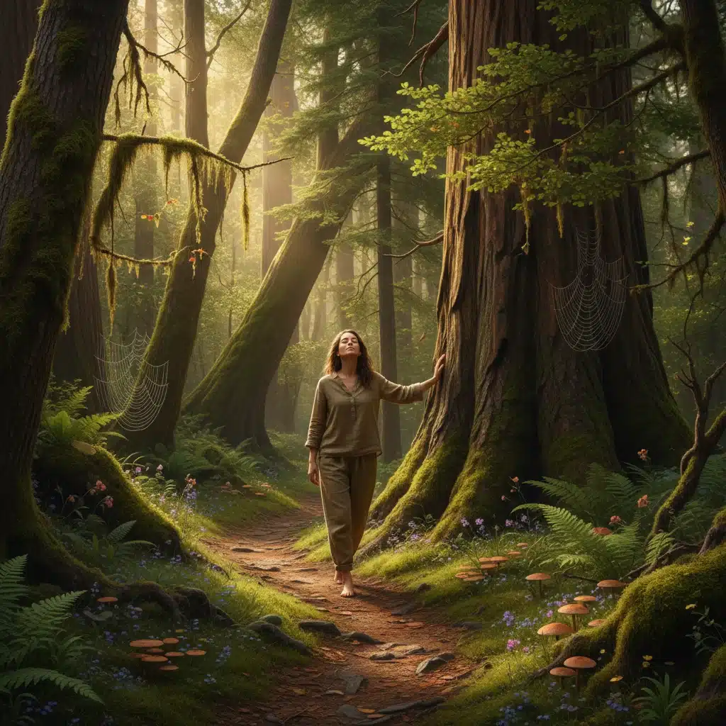 Person practicing forest bathing in a lush, ancient forest for stress relief