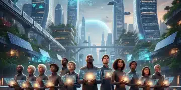 Diverse individuals adapting to future challenges in a vibrant, futuristic city setting, symbolizing personal growth and readiness for 2026.