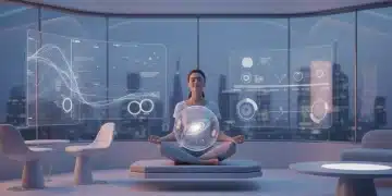 Person meditating in a futuristic, calm room for advanced stress relief