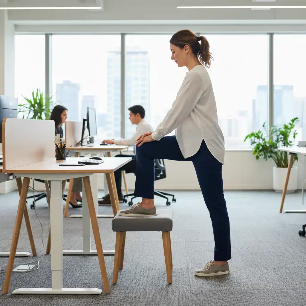Office worker doing a hip flexor stretch at their desk to improve mobility.