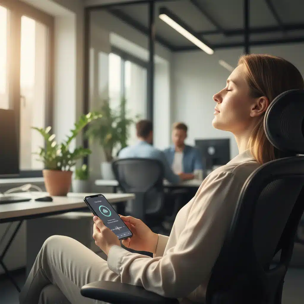 Office worker meditating with a stress reduction app on their phone.