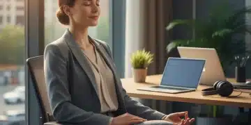 Professional woman practicing mindful breathing in office