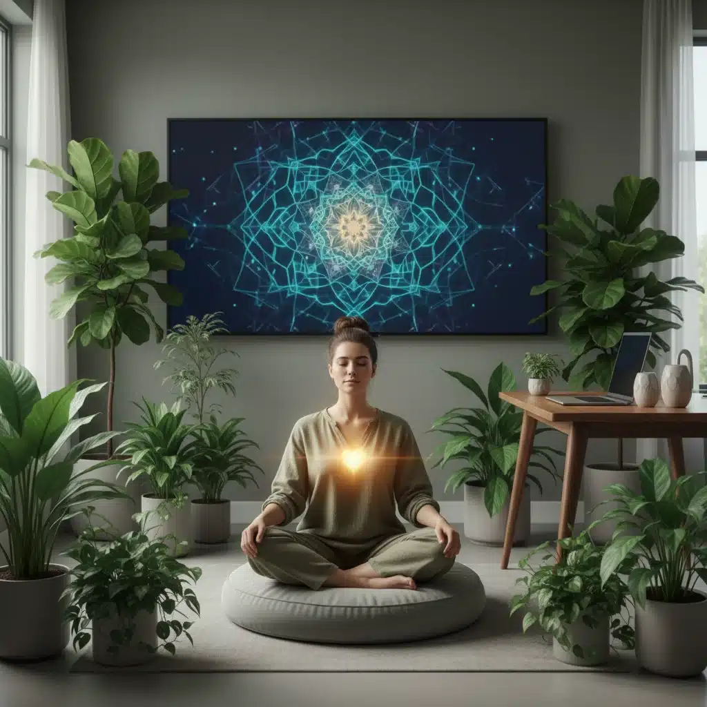 Person meditating in a modern home office, promoting mindfulness and emotional intelligence for personal growth.