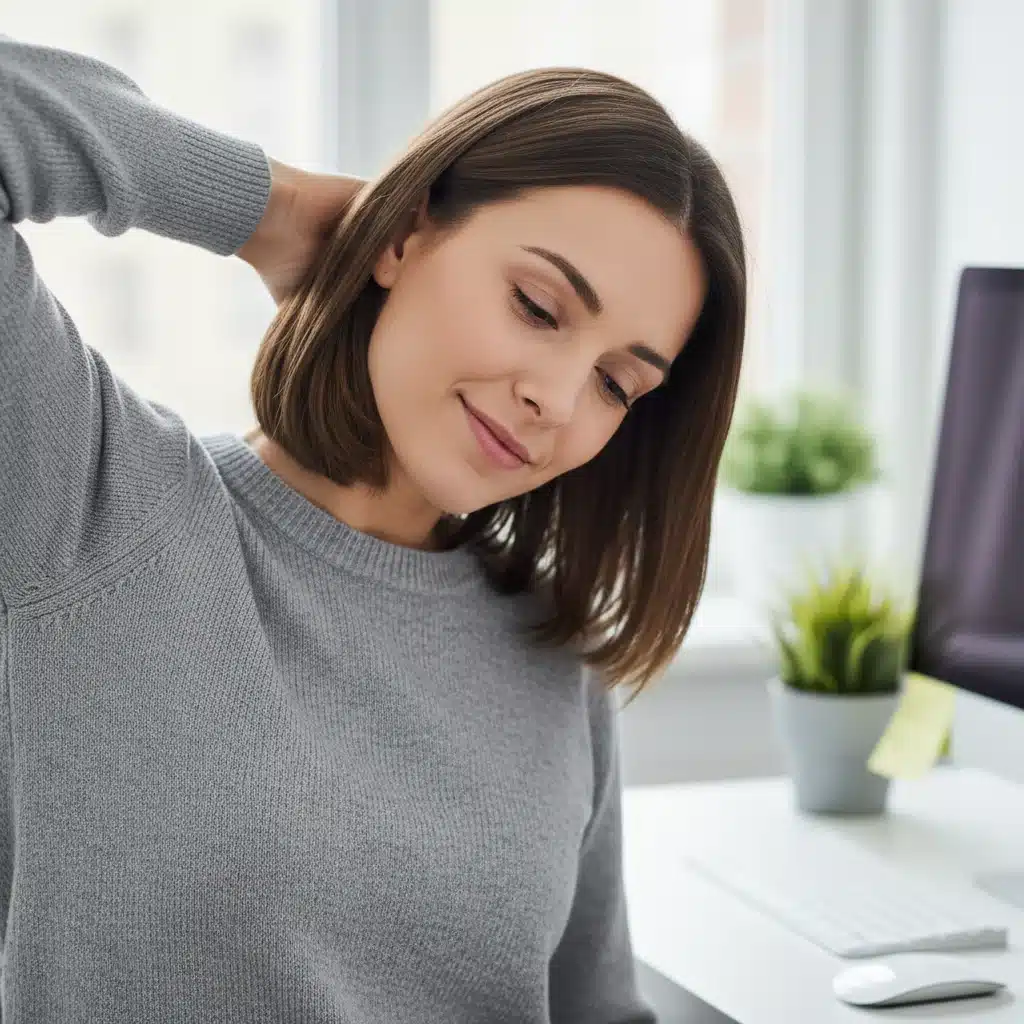 Office worker performing a neck stretch at desk to relieve tension.