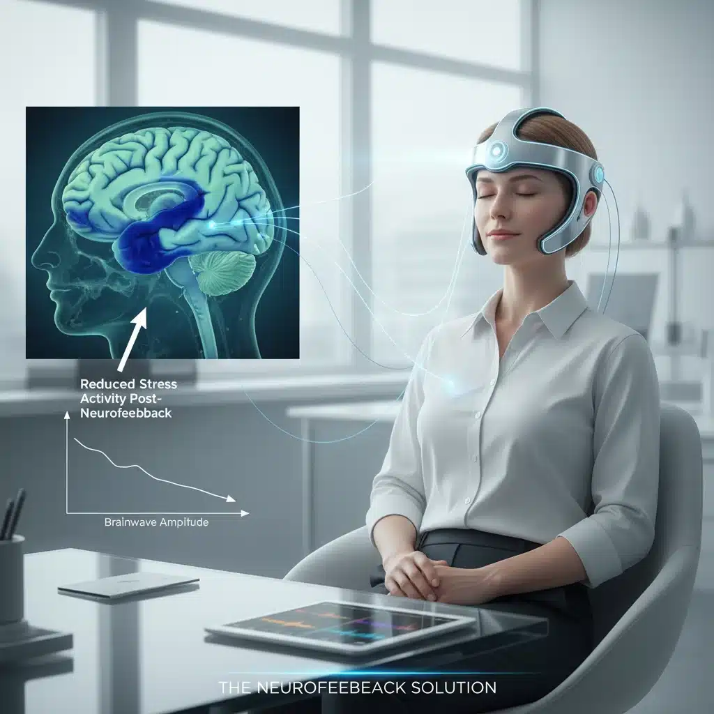 Brain scan showing reduced stress activity with neurofeedback technology