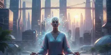 Futuristic meditation with neural pathways, symbolizing neuroscience-backed self-improvement.