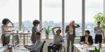 Office workers engaging in micro-movement breaks at their desks, improving posture and well-being.