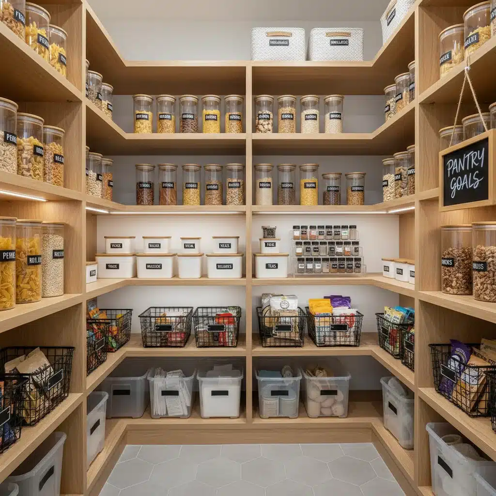 Organized kitchen pantry with labeled containers and clear jars.
