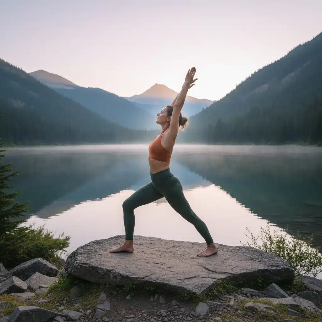 Person exercising outdoors, calm and focused, representing physical well-being.