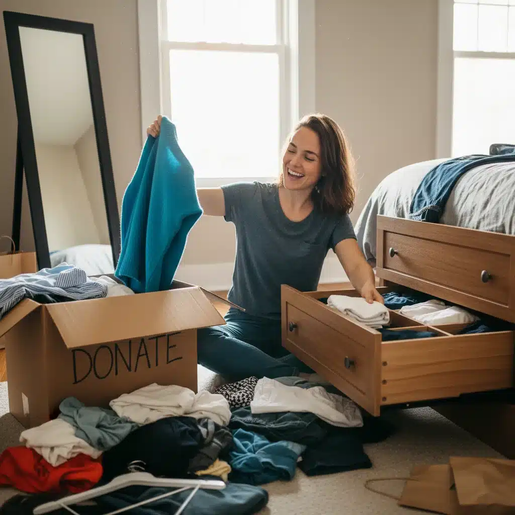 Person decluttering clothes, sorting into donate and keep piles.