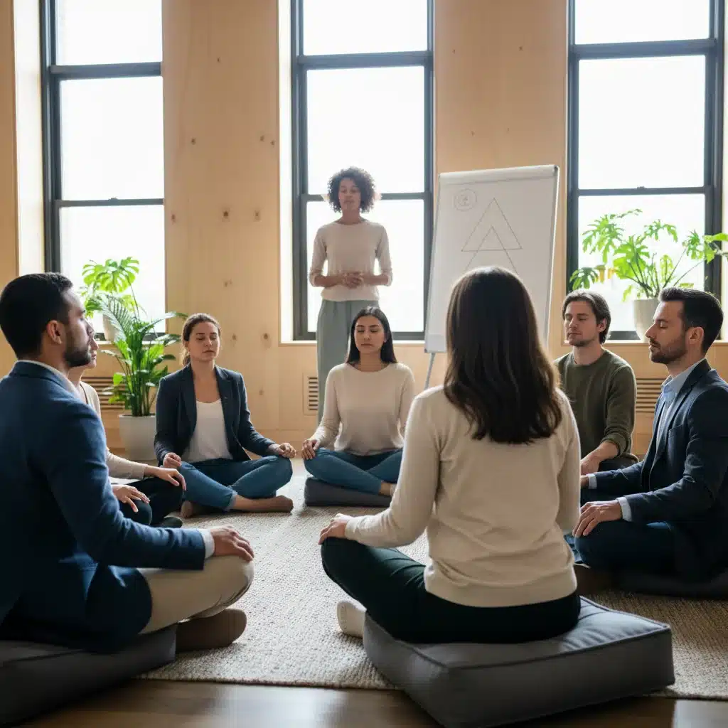 Group of professionals practicing guided breathing