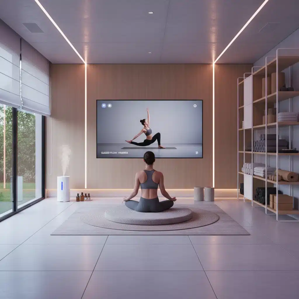 Smart home yoga setup with guided practice display and ambient lighting