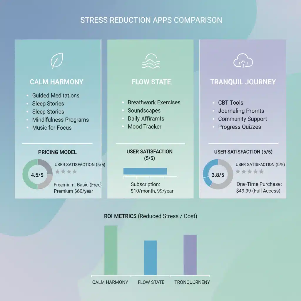 Infographic comparing features and ROI of three popular stress reduction apps.