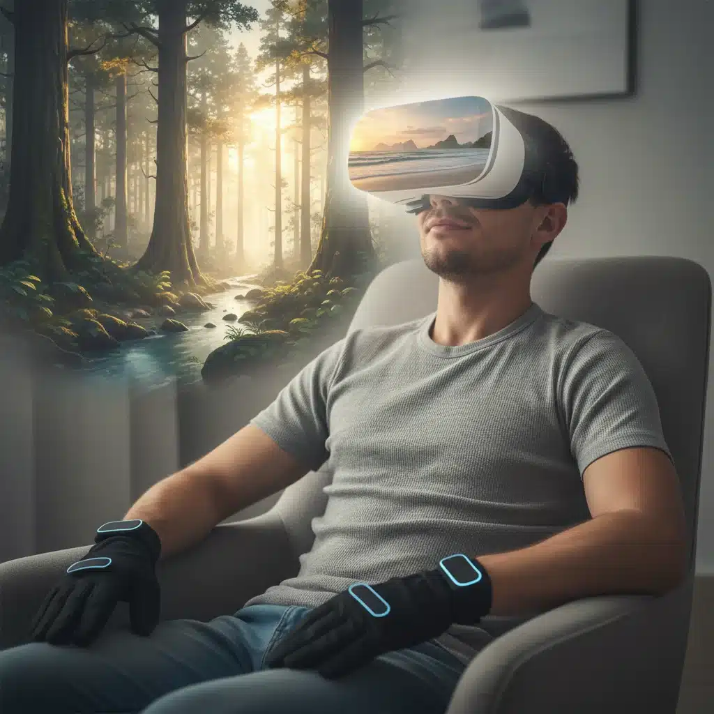 Person using VR for immersive mental wellness experience.