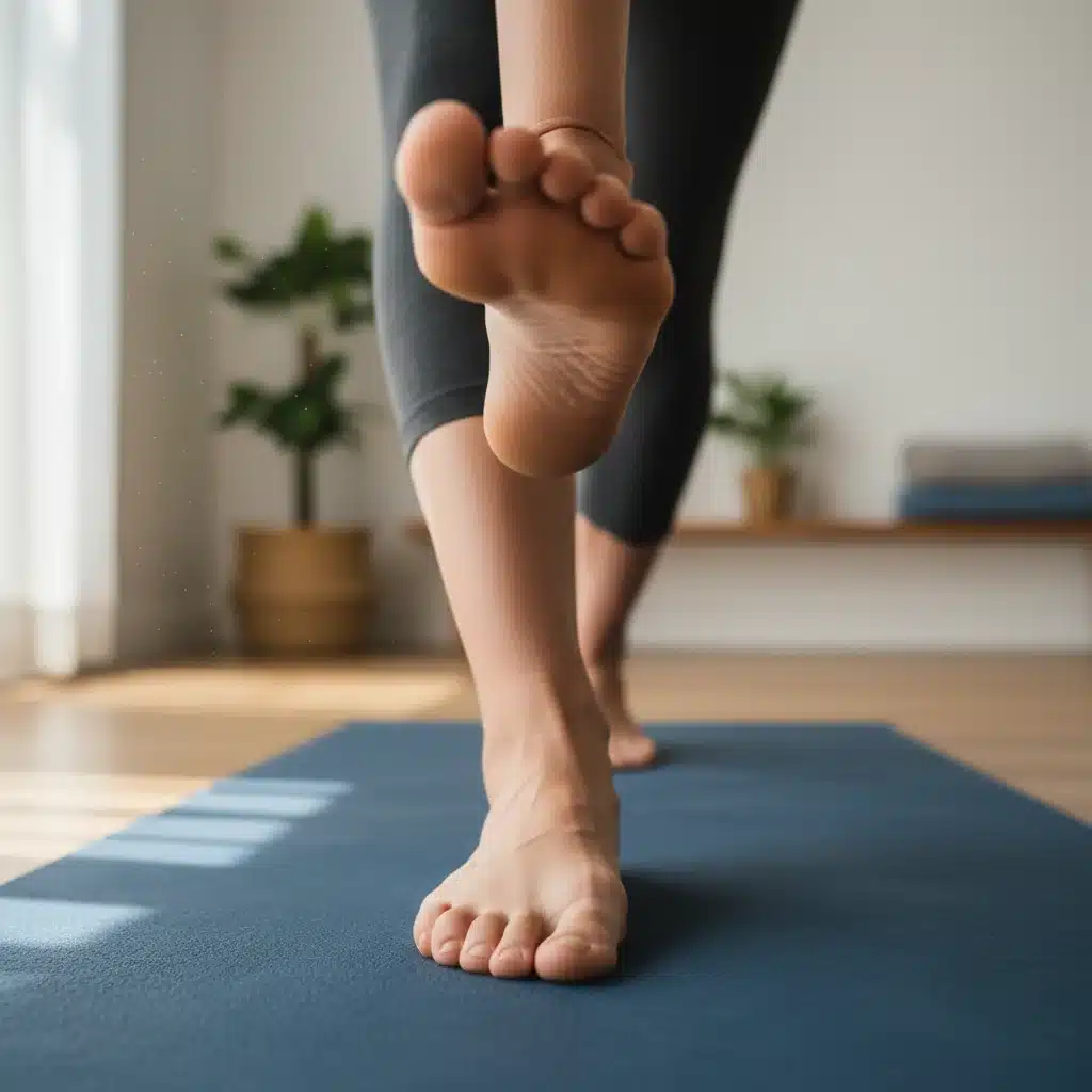 Feet grounded on yoga mat in warrior III pose