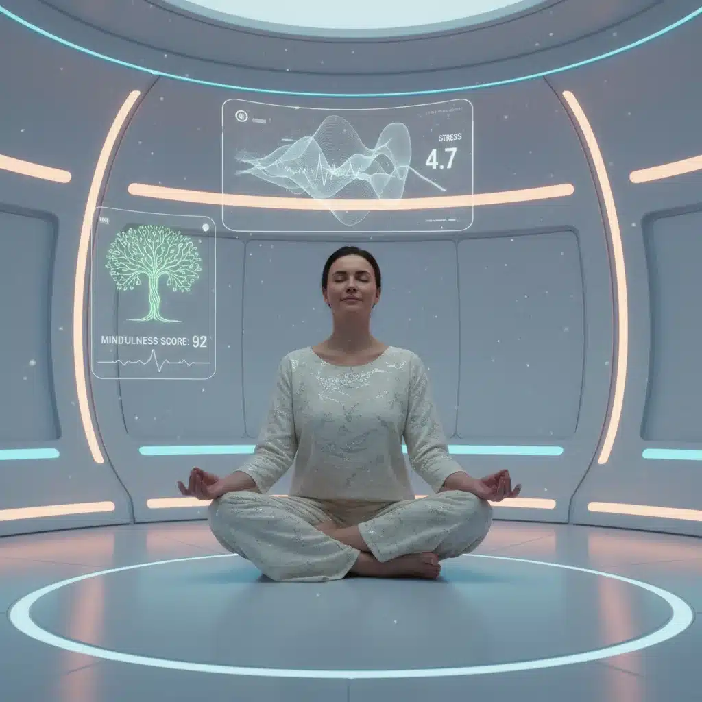 Person practicing mindfulness in a modern setting with biometric feedback for well-being.