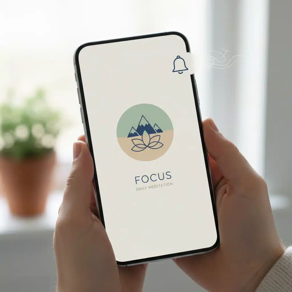 Minimalist meditation app on a smartphone screen, showing mindful technology use.