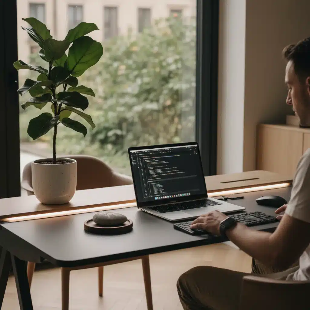 Person working at a smart desk with natural elements, practicing mindful tech integration.