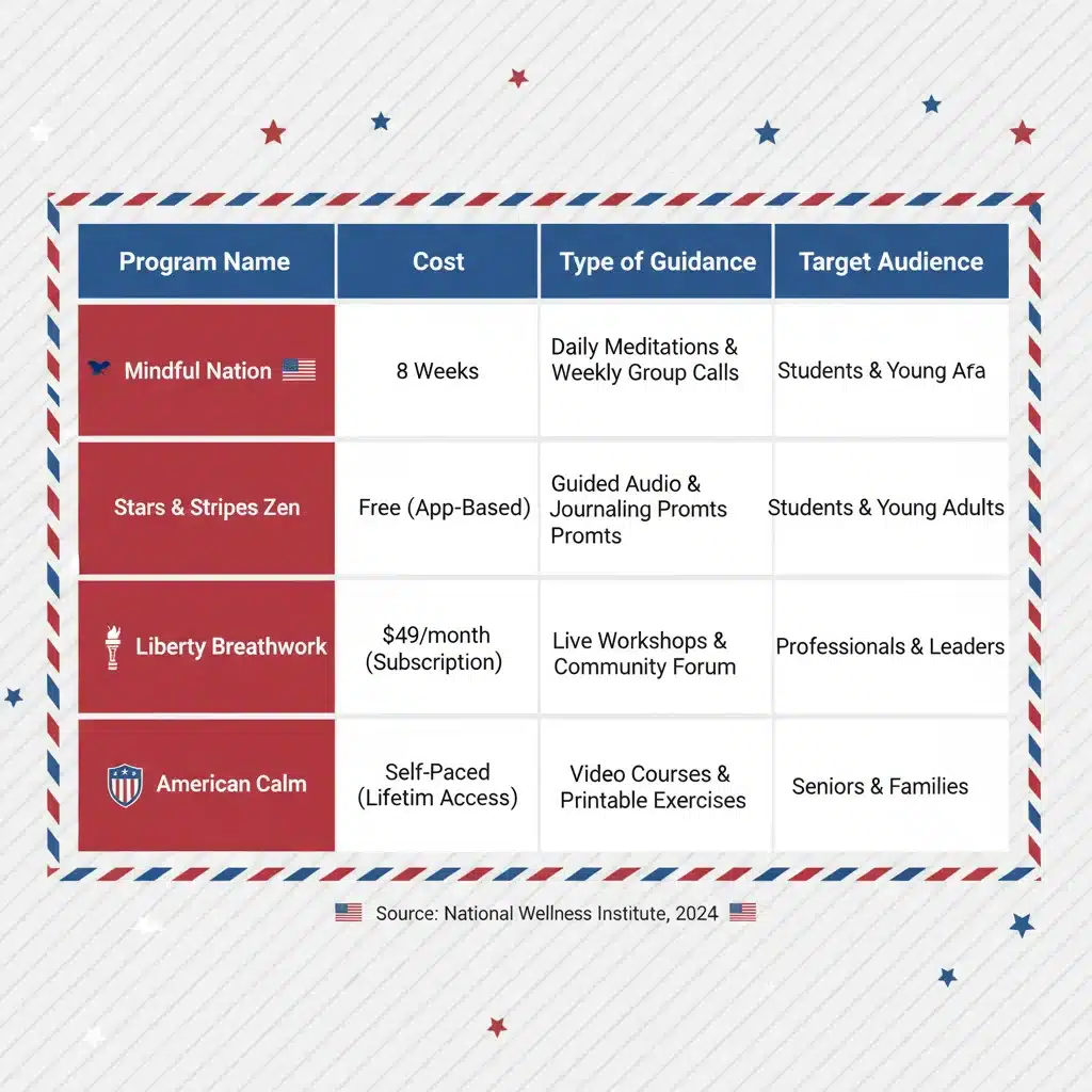 Infographic comparing features of various 2026 mindfulness programs for stress relief.