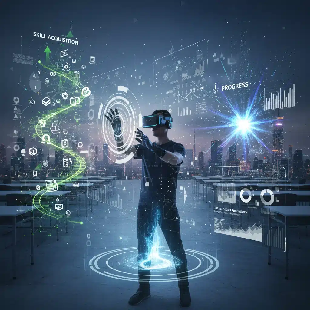 Individual engaging in personalized AI-driven learning with a VR headset.
