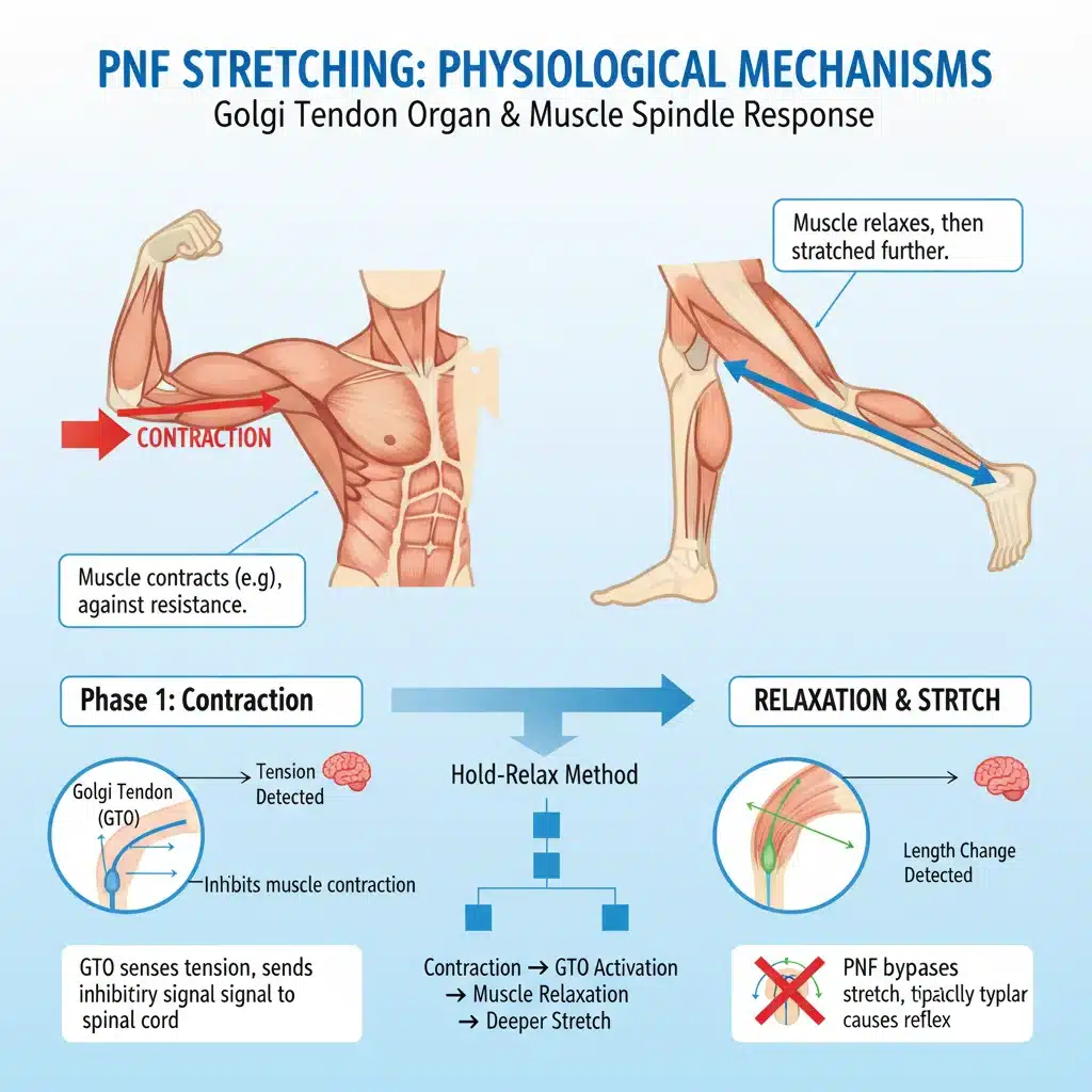 Infographic explaining the physiological mechanisms of PNF stretching on muscles.