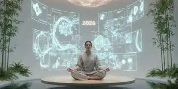 Person meditating peacefully surrounded by futuristic digital interfaces, symbolizing Zen and technology integration.