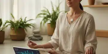 Woman practicing yoga with biofeedback device, optimizing breathwork and reducing anxiety.