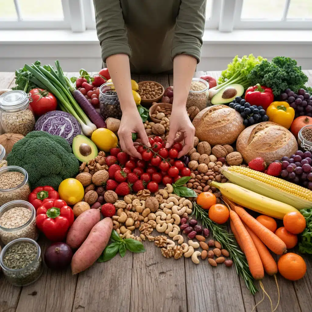 Colorful fresh whole ingredients for mindful meal preparation