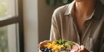 Person mindfully contemplating a bowl of healthy food in soft light