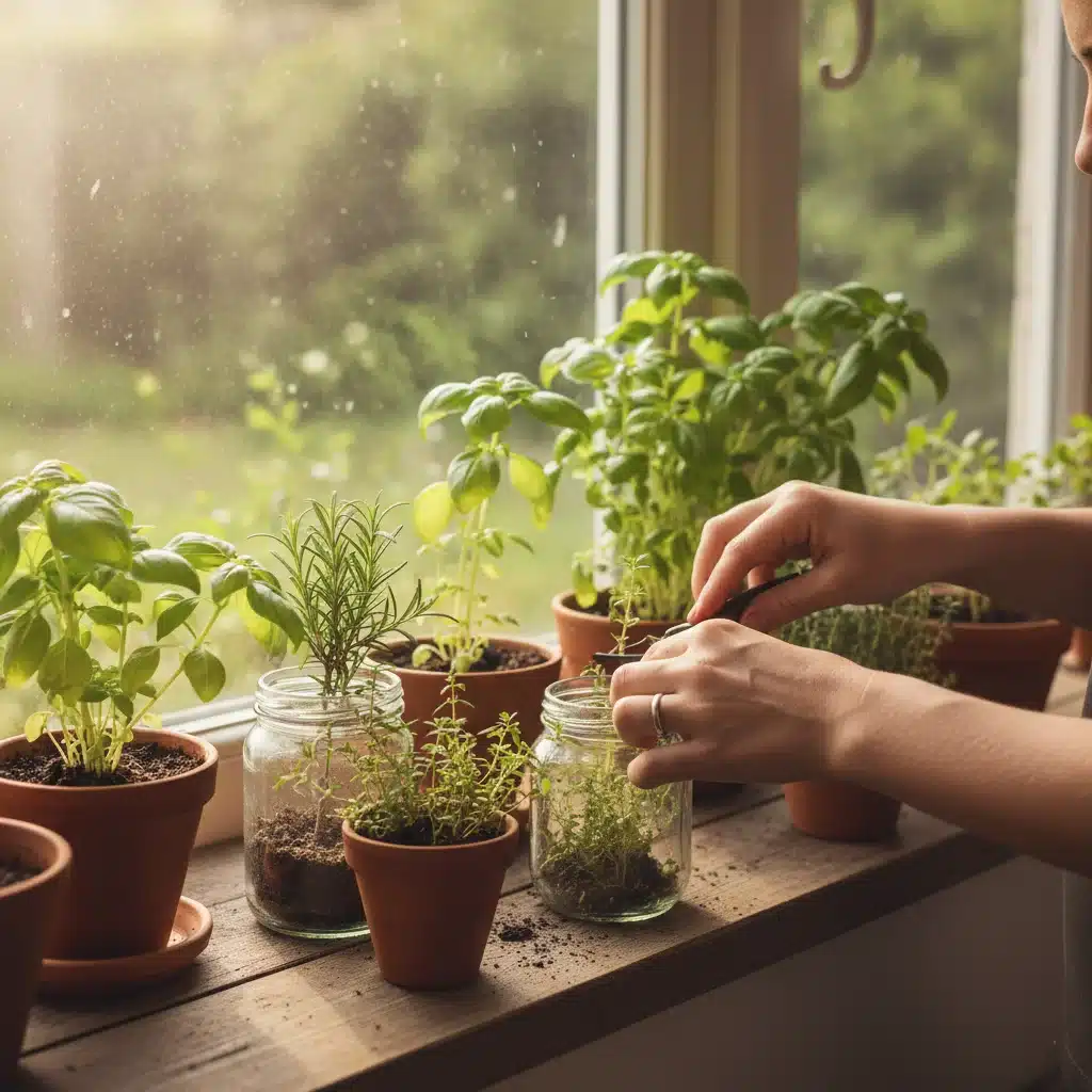 Hands tending to a small herb garden, promoting mindful connection with nature.