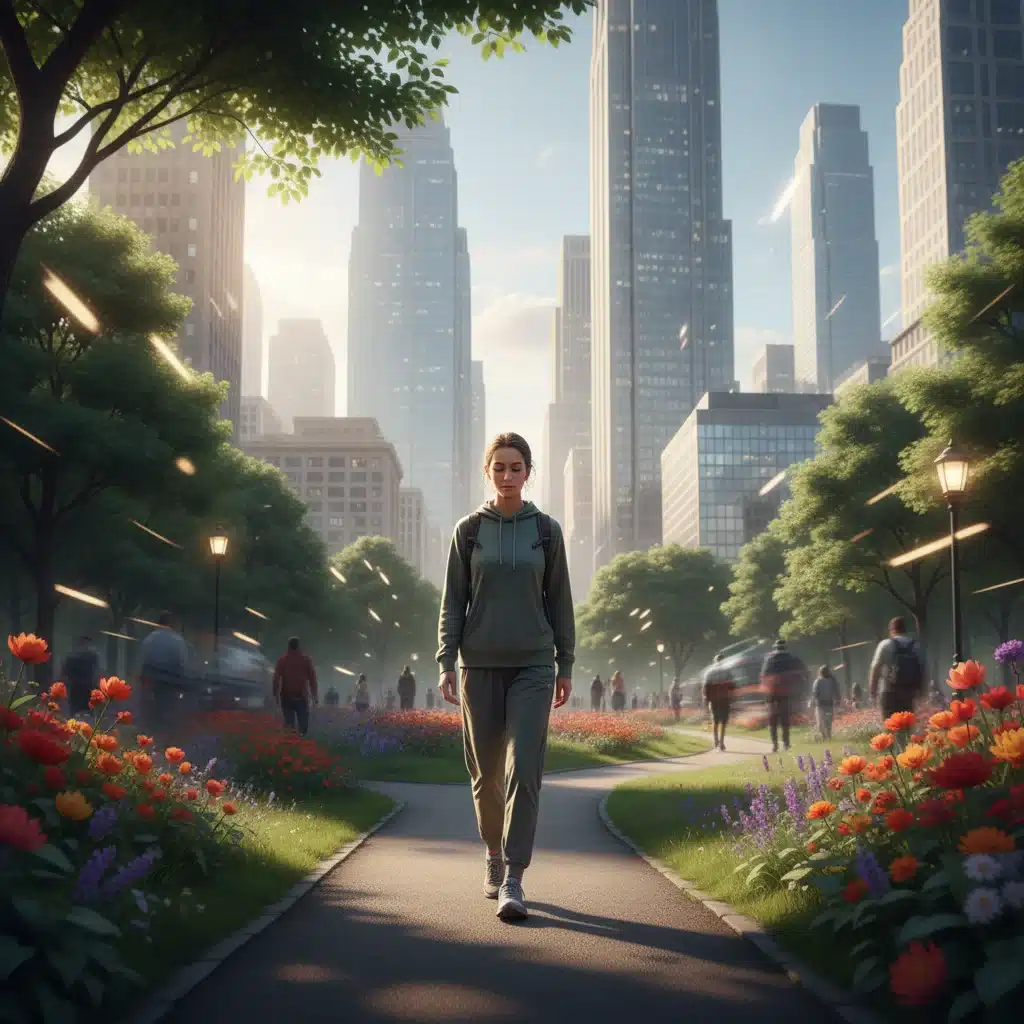 Mindful walking in a vibrant city park, person focused and calm.