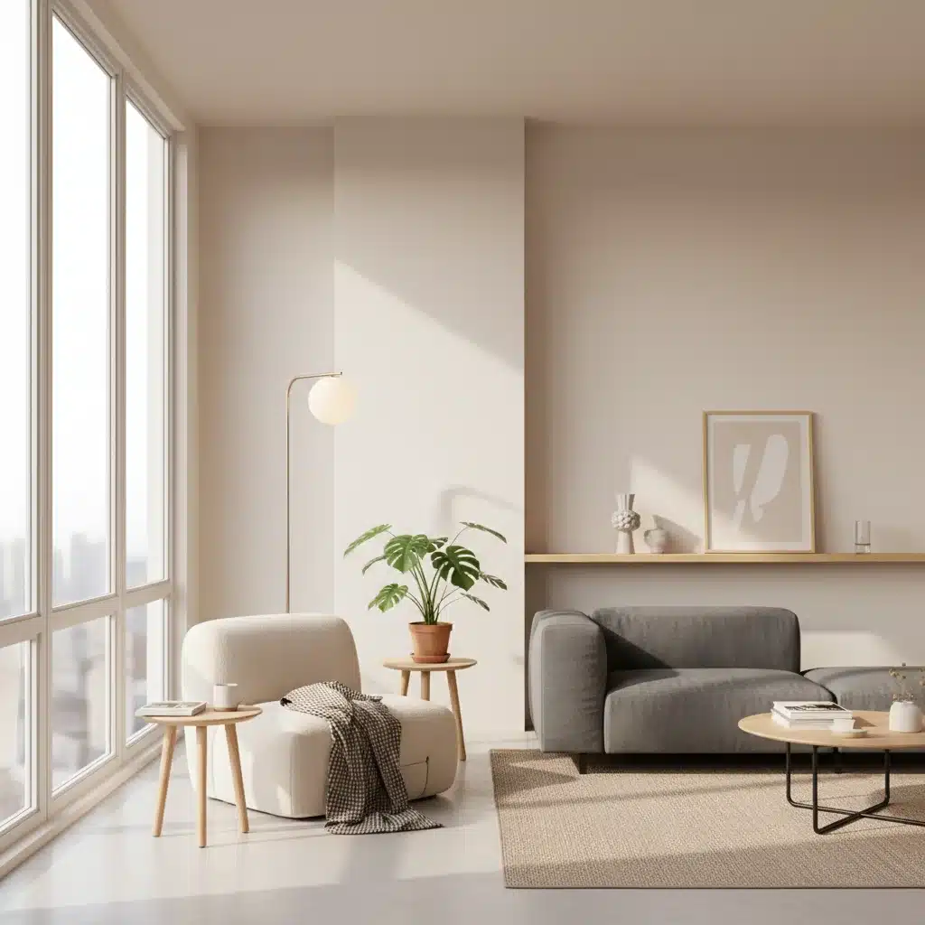 Minimalist urban apartment interior, natural light, reading nook, indoor plant.