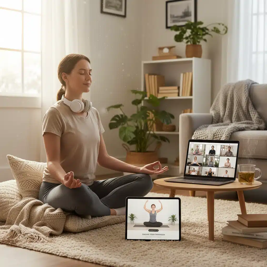 Individual meditating with digital learning tools, representing online yoga education.