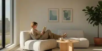 Person enjoying a book in a peaceful, minimalist living room, embodying slow living.