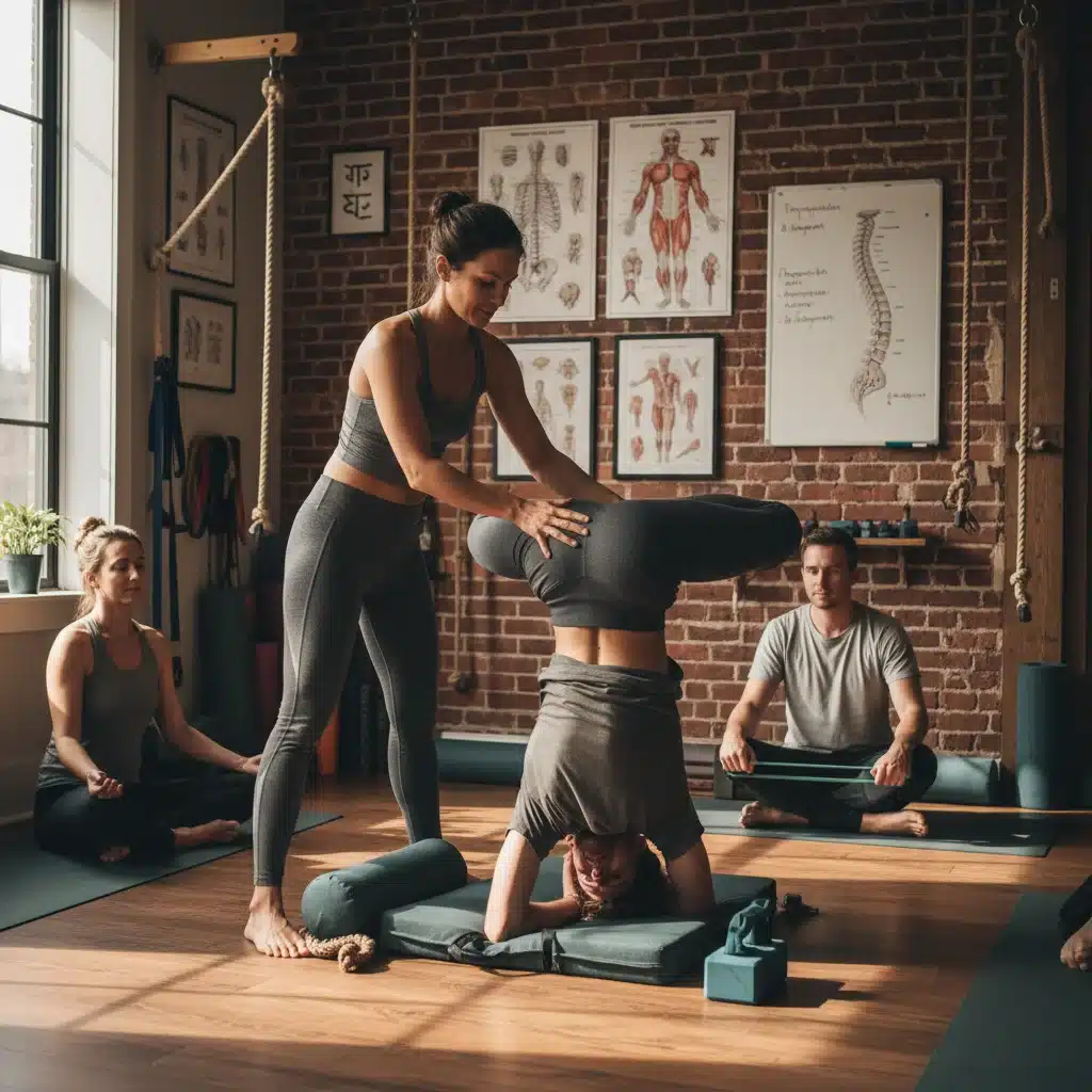 Yoga instructor providing a hands-on adjustment to a student in a small class.