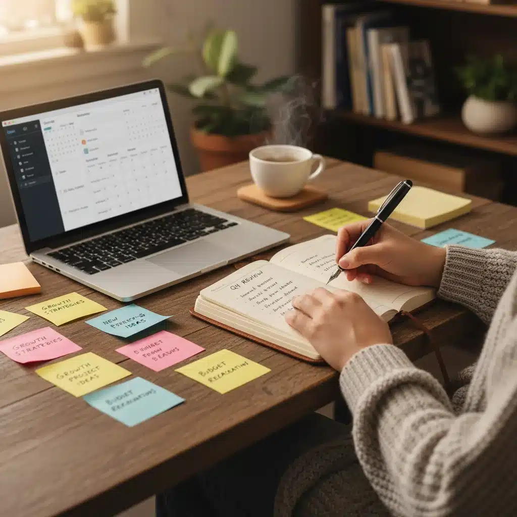 Individual reflecting and journaling during a quarterly review