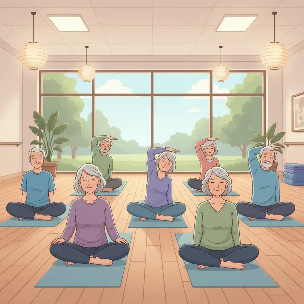 Older adults performing seated cat-cow stretch