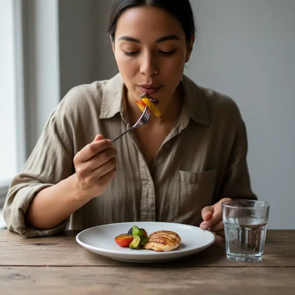 Person eating slowly and deliberately, practicing mindful consumption