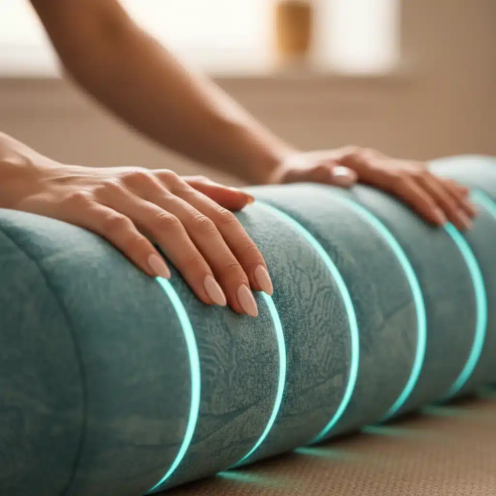 Hands adjusting a 'Smart Bolster' with haptic feedback, showcasing eco-friendly material and calming light.