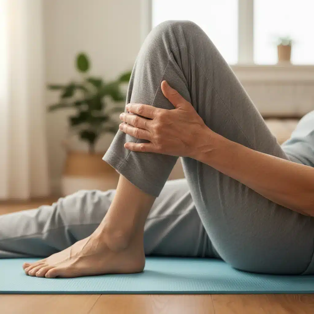 Senior performing supine knee-to-chest pose for flexibility