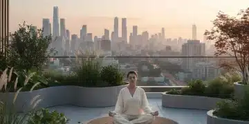 Person meditating in a serene urban rooftop garden at dawn, cityscape in background.