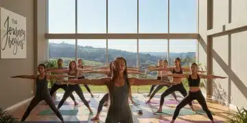 Diverse group practicing yoga in a sunlit studio, guided by an instructor.
